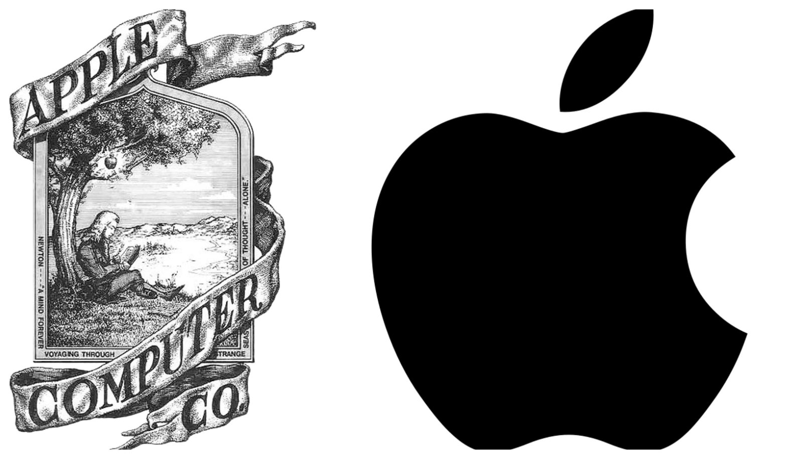 Het logo van Apple rechts naast het eerste logo waarop Isaac Newton afgebeeld staat.
