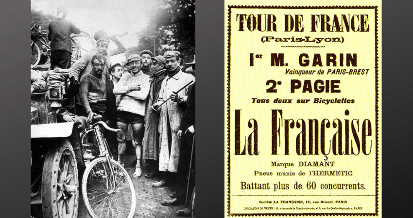 Les coureurs du premier Tour de France à côté d’une affiche.