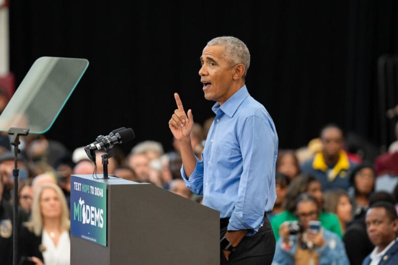 DETROIT, MICHIGAN, UNITED STATES - 2022/10/29: President Barack Obama speaks during the Get Out the Vote Rally in Detroit. Michigan Democrats hold a Get Out the Vote Rally for Governor Gretchen Whitmer with President Barack Obama ahead of the 2022 midterm elections. (Photo by Dominick Sokotoff/SOPA Images/LightRocket via Getty Images)