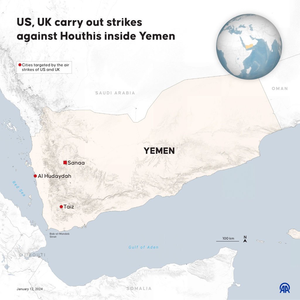 Les trois principau endroits vers lesquels les USA et le Royaume-Uni ont dirigé leurs frappes contre les Houthis au Yémen cette nuit. (Yasin Demirci/Anadolu via Getty Images)