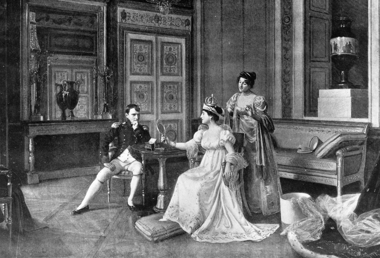 Napoleon Bonaparte zit op stoel naast vrouw.