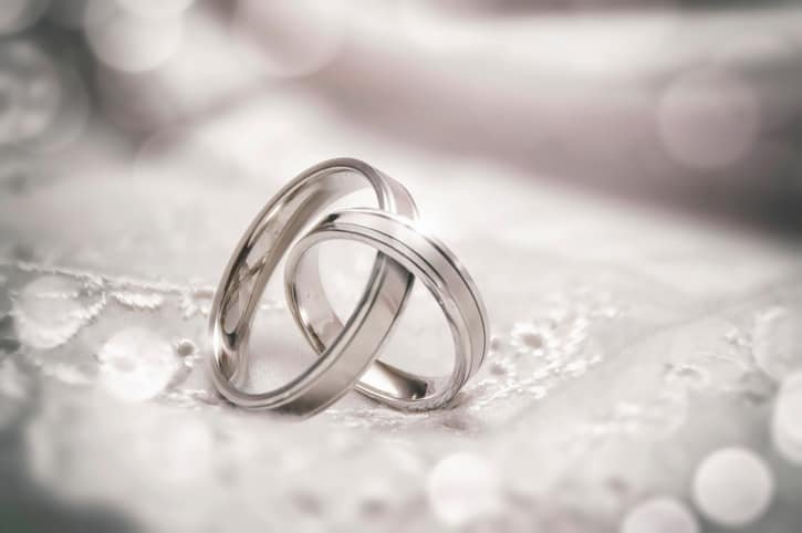 Two silver wedding rings linked together