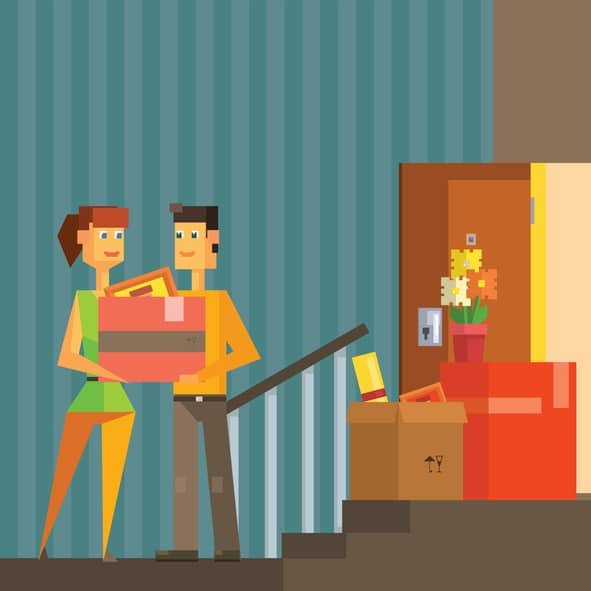 Young Couple Moving Into New Apartment Pixelated Illustration. Minimalistic 8-bit Style Bright Color Illustration OF Resettlement Process.