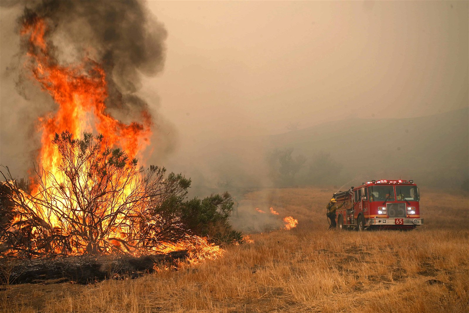 Een brandweerwagen komt aangereden terwijl naast de weg een grote bosbrand woedt.