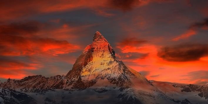 switzerland-mountain snow red sky