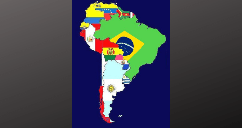 De kaart van Zuid-Amerika, waarbij elk land met de vlag is ingekleurd.