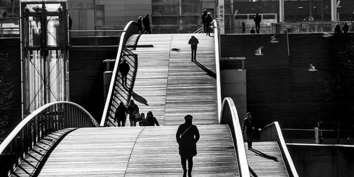 paris people walk bridge