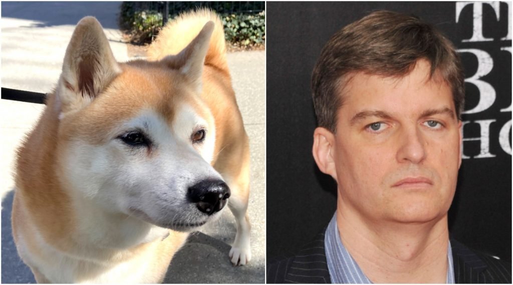 Een Shiba Inu-hondje en Wall Street-belegger Michael Burry