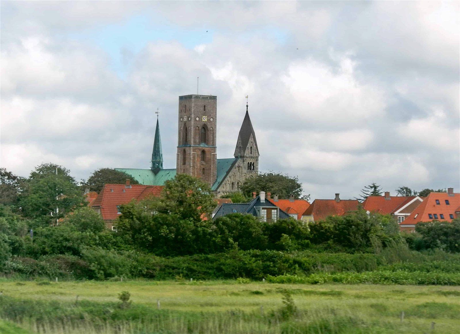 Een panoramisch beeld van de kerk van de Deense gemeente Ribe.