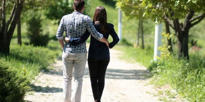 couple love walk path nature